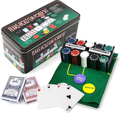 200 Pcs Poker Set, Poker Set with Mat and Chips, Casino Texas Holdem Poker Set and Black Jacks Game Poker Sets, Poker Chips set with Poker Mat & Tin Box, Casino Chips & Gambling Cards