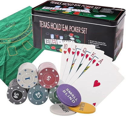 200 Pcs Poker Set, Poker Set with Mat and Chips, Casino Texas Holdem Poker Set and Black Jacks Game Poker Sets, Poker Chips set with Poker Mat & Tin Box, Casino Chips & Gambling Cards